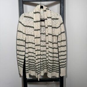 Pink Rose Striped Open-Front Cardigan – Cream & Olive Green Cozy Knit Sweater